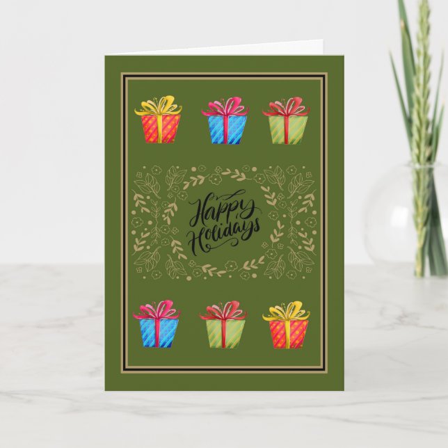 Festividades Cartão de Natal com Presentes em Verde (Frente)