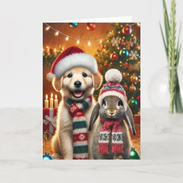 Festividades Cartão de Natal com um cão e um coelho