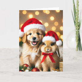 Festividades Cartão de Natal com um cão e um coelho