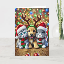 Festividades Cartão de Natal com um cão, um gato e um coelho