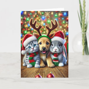 Festividades Cartão de Natal com um cão, um gato e um coelho
