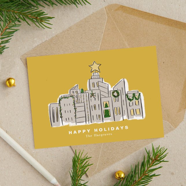 Festividades Cartão de Natal Corporativo Skyline de Cidade Amar (Yellow City Skyline Illustration Corporate Christmas Card)