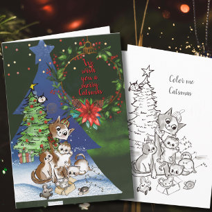 Festividades Cartão de Natal da Família Gatos Felizes, Pinte o