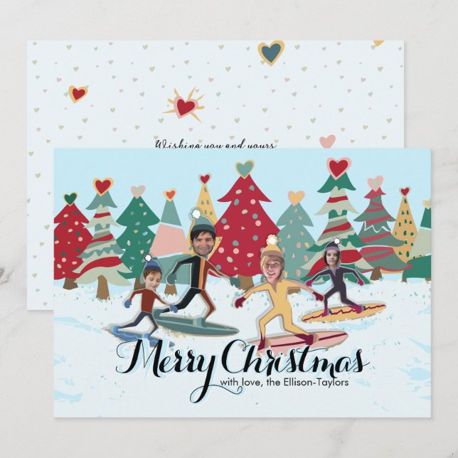 Festividades Cartão de Natal da Família Snowboard (Frente/Verso)