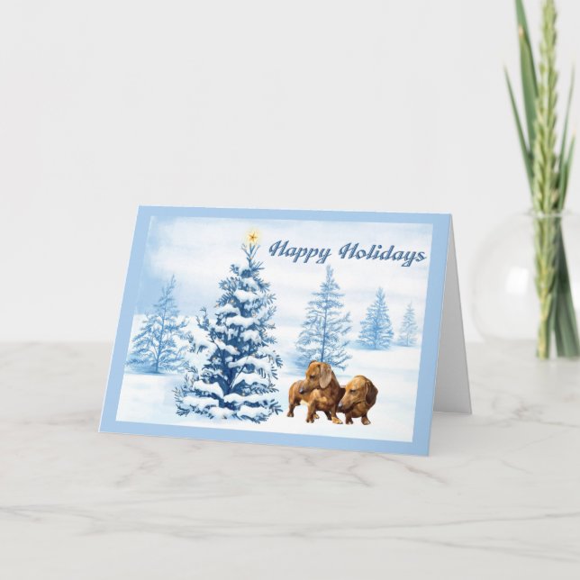Festividades Cartão de Natal Dachshund Árvore Azul2 (Frente)