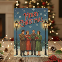 Cartão de Natal de 1950 – Carolers Antigos na Neve