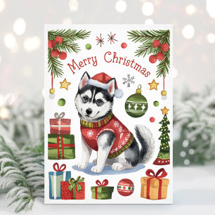 Festividades Cartão de Natal de Aguarela do Husky Siberiano