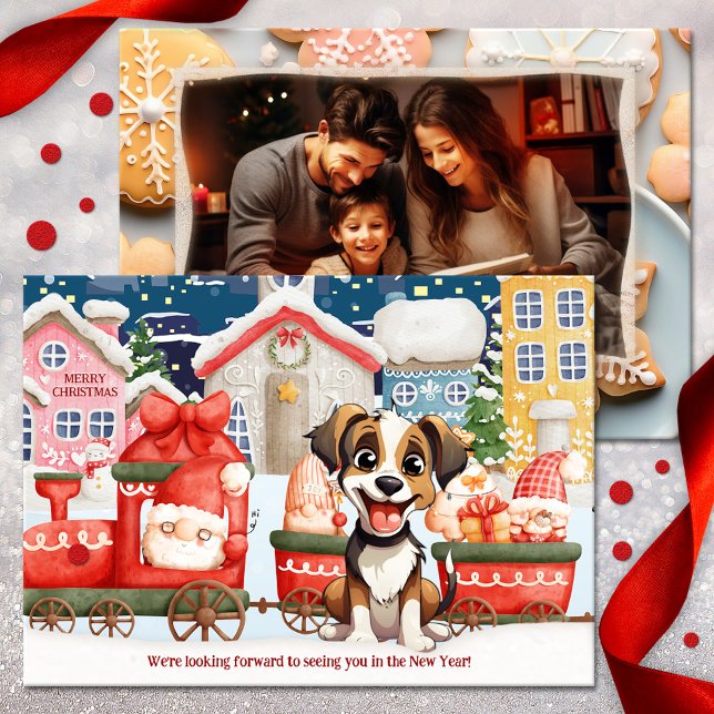 Festividades Cartão de Natal de Ano Novo para Pão-Gingerido Bon (A cute Christmas and New Year holiday card featuring Santa in a gingerbread scene with a happy dog)