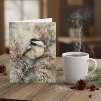 Festividades Cartão de Natal de Aquarela de Chickadee de Invern