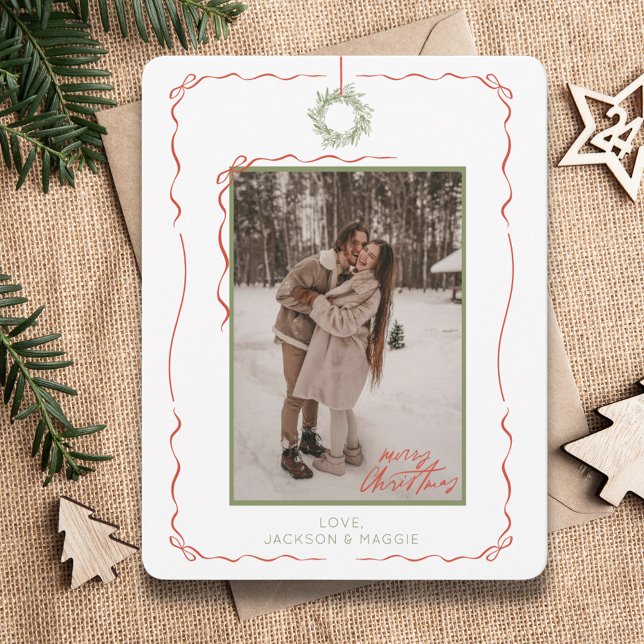 Festividades Cartão de Natal De Arco Vermelho De Fita Vermelhos (Hand Drawn Wreath Red Bow Photo Christmas Card
)