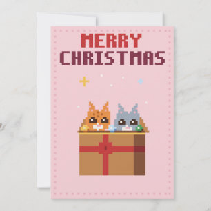 Festividades Cartão de Natal de Arte em Pixel Rosa com Gatinhos