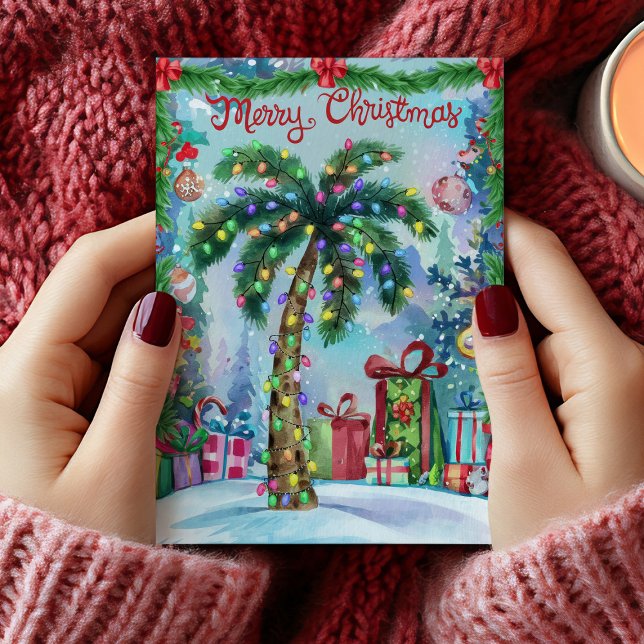 Festividades Cartão de Natal de Árvore Tropical de Água (Watercolor Palm Tree Christmas Card)