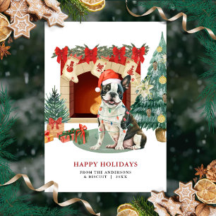 Festividades Cartão de Natal de Boston Terrier em Aquarela