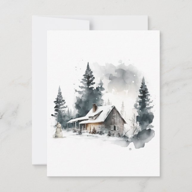 Festividades Cartão de Natal de Cabana em Aquarela na Neve (Frente)