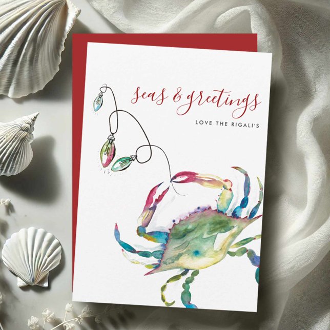 Festividades Cartão de Natal de Caranguejo Azul com Aquarela na (Beach holiday cards watercolor blue crab art by Victoria Grigaliunas Do Tell A Belle)