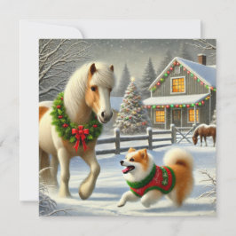 Festividades Cartão de Natal de Cavalo e Cão Islandês