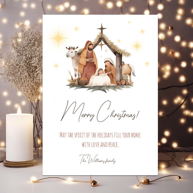 Festividades Cartão de Natal de Cena de Natividade Ilustrada (Christmas nativity card with personalized text)
