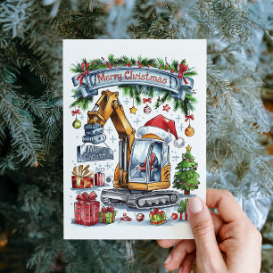 Festividades Cartão de Natal de Construção com Excavadora em Aq