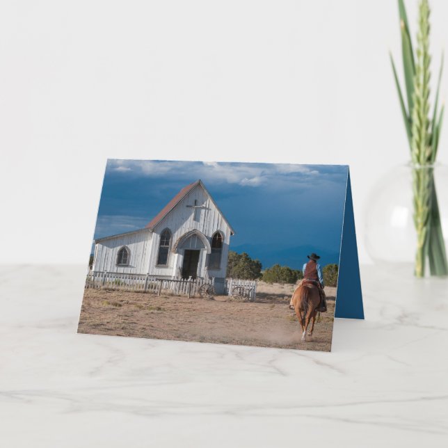 Festividades Cartão de Natal de Cowboy Cavalgando para a Igreja (Frente)