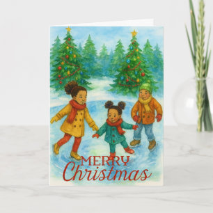 Festividades Cartão de Natal de Crianças Negras Patinando no Ge