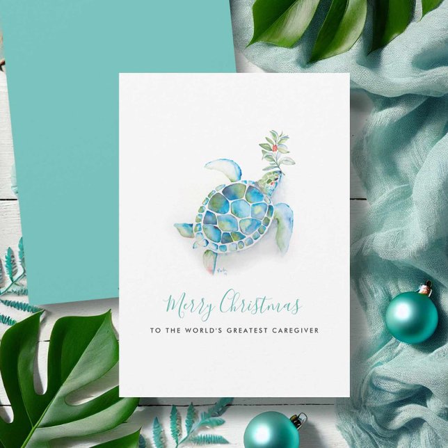 Festividades Cartão de Natal de Cuidador de Tartaruga Marinha e (Beach Christmas cards watercolor sea turtle art by Victoria Grigaliunas of Do Tell A Belle)