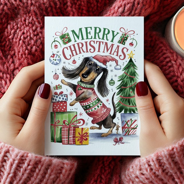 Festividades Cartão de Natal de Dachshund Caquinho (Cute Watercolor Dachshund Christmas Card)