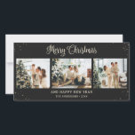 Festividades Cartão de Natal de Feliz Foto Preta<br><div class="desc">Foto preta personalizada e elegante Cartões de Natal Feliz com uma colagem fotográfica e neve caindo em um fundo preto. Personalize facilmente este cartão de Natal preto,  com a letra manuscrita,  com as suas imagens favoritas e um nome de família.</div>