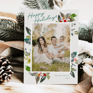 Festividades Cartão de Natal de Foto com Aquarela de Holly