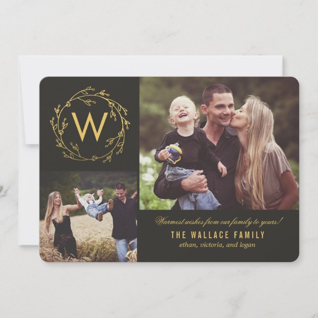 Festividades Cartão de Natal de Foto com Coroa de Monograma (Frente)