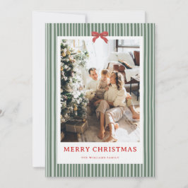 Festividades Cartão de Natal de Foto com Listra Verde e Laço Ve