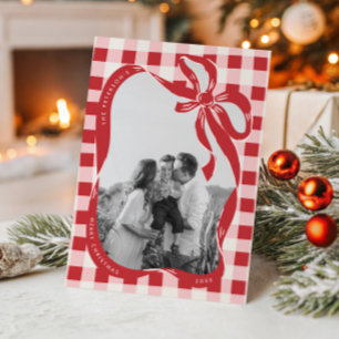Festividades Cartão de Natal de Foto da Família Vermelho e Rosa