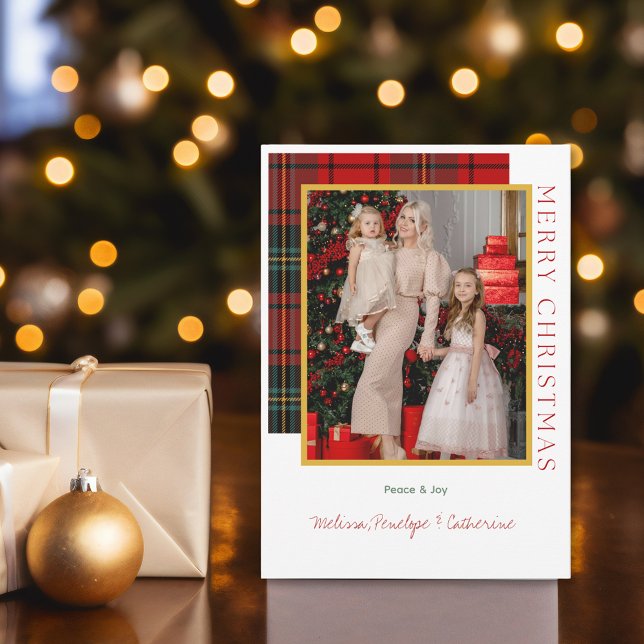 Festividades Cartão de Natal de Foto Moderno da Xadrez Elegante (Elegant Plaid Modern Photo Christmas Card
)