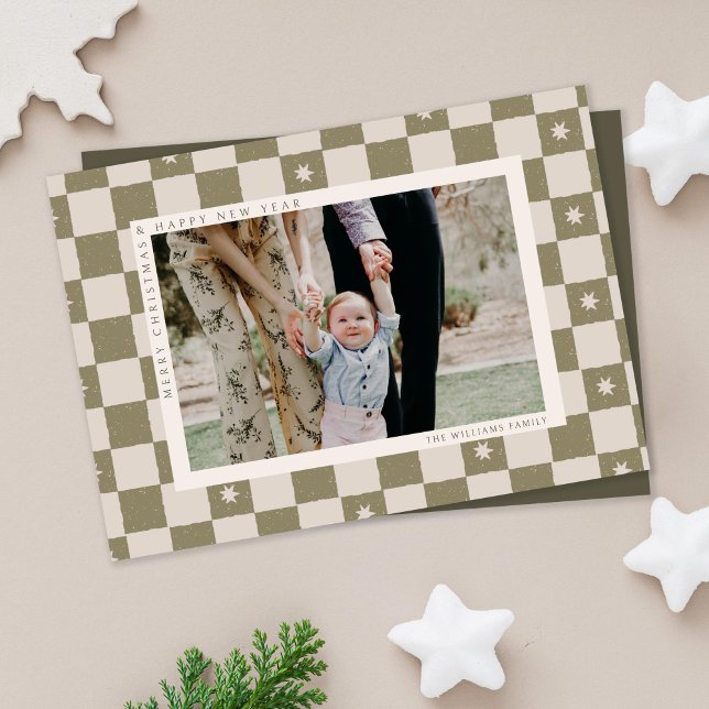 Festividades Cartão de Natal de Foto Xadrez (holiday checkered Christmas photo card on beige background)