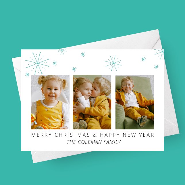 Festividades Cartão de Natal de Fotos de Flocos de Neve Moderno (Stylish Modern Snowflakes 3 Photo Family Christmas Card | Holiday Photo Card)