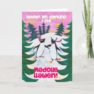 Festividades Cartão de Natal de Galês - pinguins de patinagem