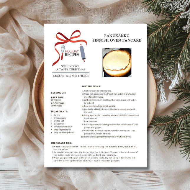 Festividades Cartão de Natal de Holiday - Receita de Pancake Fo (Holiday Recipes Panukakku Finnish Oven Pancake Christmas Card 5x7)