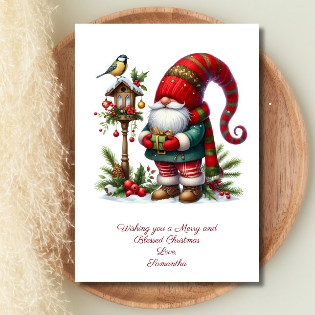 Festividades Cartão de Natal de inverno Gnomo Santa Claus (Gnome Santa Clause Winter Bird Christmas Holiday Card. Personalize your message)