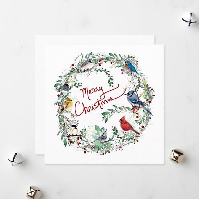 Festividades Cartão de Natal de Pássaro e Coroa de Natal (Merry Christmas Bird And Wreath Holiday Card from Jenn Steffen Art.)