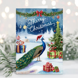Festividades Cartão de Natal de Pavão em Aquarela Feliz Natal