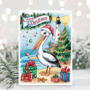 Festividades Cartão de Natal de Pelicano Costeiro em Aquarela