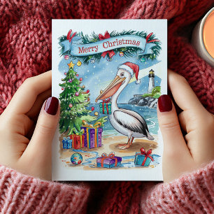 Festividades Cartão de Natal de Pelicano na Praia em Aquarela