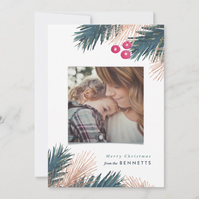 Festividades Cartão de Natal de Pinho Metálico e Berries (Frente)