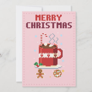 Festividades Cartão de Natal de Pixel Art Rosa com Cacau Quente