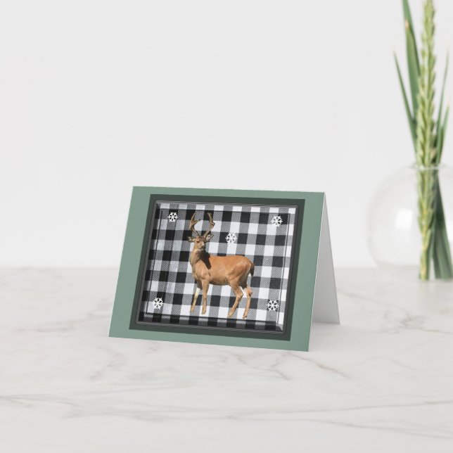Festividades Cartão de Natal de Plaid de Búfalo Preto com Cervo (Frente)
