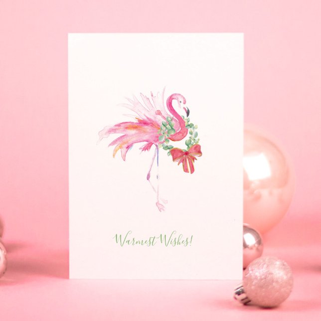 Festividades Cartão de Natal de praia com Flamingo Rosa e Grina (Christmas cards Florida beach watercolor pink flamingo by artist Victoria Grigaliunas)