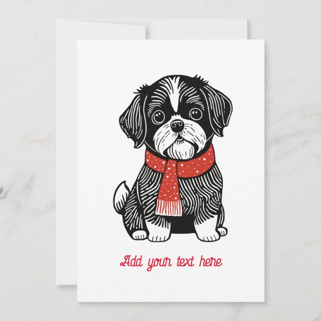 Festividades Cartão de Natal de Shih Tzu em Estilo Linocut Retr (Frente)