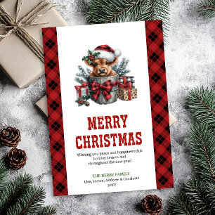 Festividades Cartão de Natal de vaca highland em aquarela