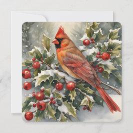 Festividades Cartão de Natal de Watercolor Cardinal e Holly