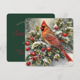 Festividades Cartão de Natal de Watercolor Cardinal e Holly