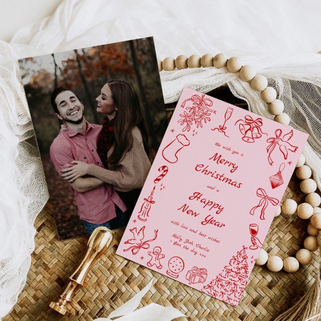 Festividades Cartão de Natal Desenhado à Mão - Doodle Xmas Rosa (Criador carregado)